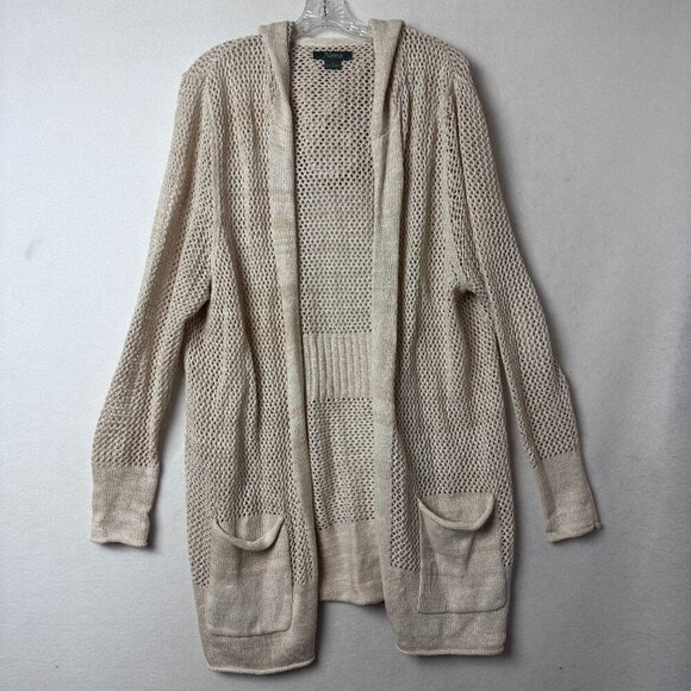 Natural Reflections cardigan sz XL crochet long‎ line linen blend hooded beige